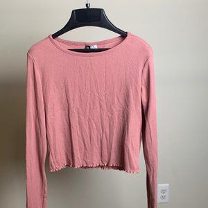 pink,long sleeve,ruffle crop top